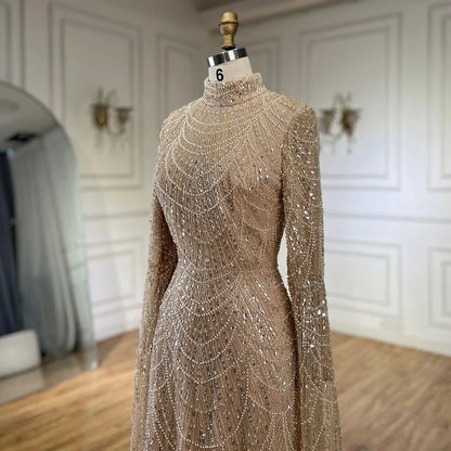 Luxury Dubai  Muslim Sage Green Pearls  Evening  Dress With Cape Plus Size LA72591