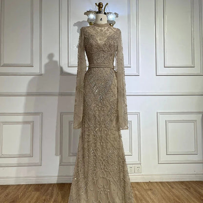 Luxury Dubai  Muslim Nude Mermaid Elegant Bell Sleeve Beaded Luxury Dubai Long Evening Dress for Formal Occasion LA72316A