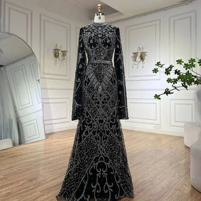 Luxury Dubai  Muslim Nude Mermaid Elegant Bell Sleeve Beaded Luxury Dubai Long Evening Dress for Formal Occasion LA72316A