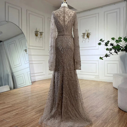 Luxury Dubai  Muslim Nude Mermaid Elegant Bell Sleeve Beaded Luxury Dubai Long Evening Dress for Formal Occasion LA72316A