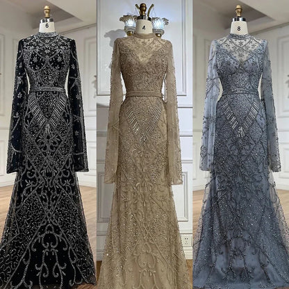 Luxury Dubai  Muslim Nude Mermaid Elegant Bell Sleeve Beaded Luxury Dubai Long Evening Dress for Formal Occasion LA72316A
