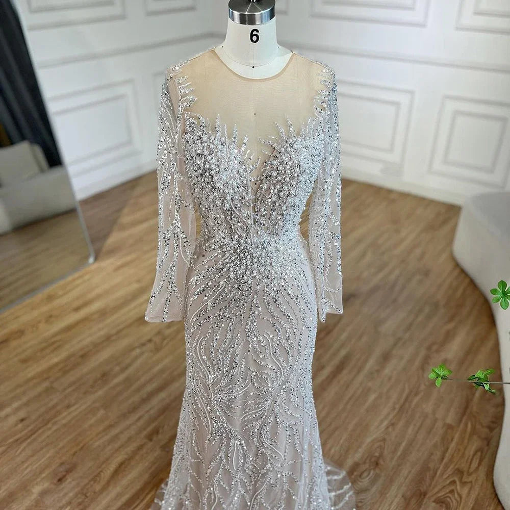 Luxury Dubai White Nude Mermaid Evening Dress With  Long Sleeve LA72634
