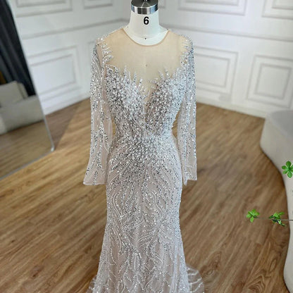 Luxury Dubai White Nude Mermaid Evening Dress With  Long Sleeve LA72634