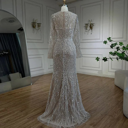 Luxury Dubai White Nude Mermaid Evening Dress With  Long Sleeve LA72634