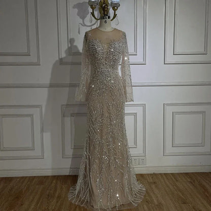 Luxury Dubai White Nude Mermaid Evening Dress With  Long Sleeve LA72634