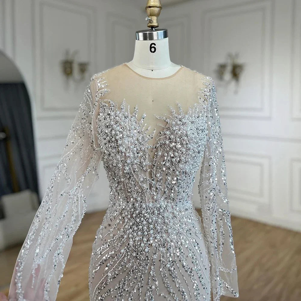 Luxury Dubai White Nude Mermaid Evening Dress With  Long Sleeve LA72634