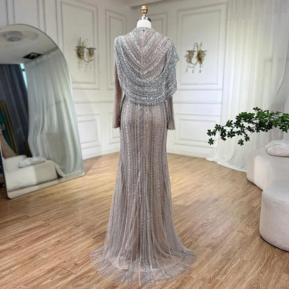 Luxury Muslim Silver Nude Beaded Sparkle long sleeve Evening Dress LA70752H