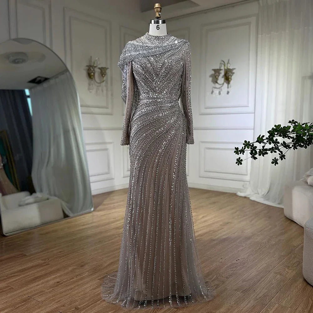 Luxury Muslim Silver Nude Beaded Sparkle long sleeve Evening Dress LA70752H
