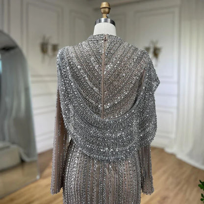 Luxury Muslim Silver Nude Beaded Sparkle long sleeve Evening Dress LA70752H