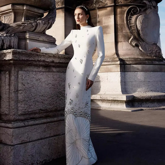Luxury Crystal White Muslim Evening Dresses Long Sleeves LA72719