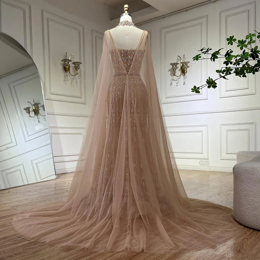 Luxury Nude Beaded Mermaid Evening Dress with Cape LA72711