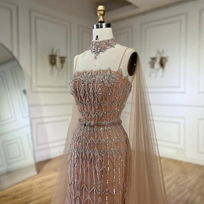 Luxury Nude Beaded Mermaid Evening Dress with Cape LA72711