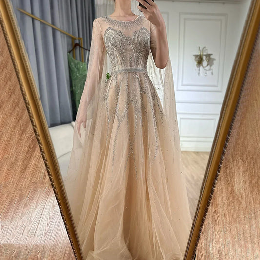 Luxury Dubai  Nude Blue Elegant A-Line Beaded Long Arabic Evening Dresses Gowns with Cape Sleeves for Formal Occasion LA72785