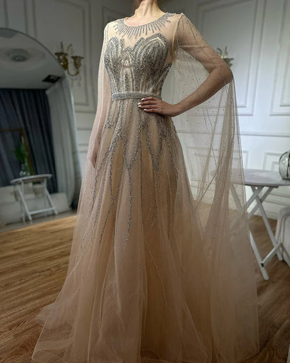 Luxury Dubai  Nude Blue Elegant A-Line Beaded Long Arabic Evening Dresses Gowns with Cape Sleeves for Formal Occasion LA72785