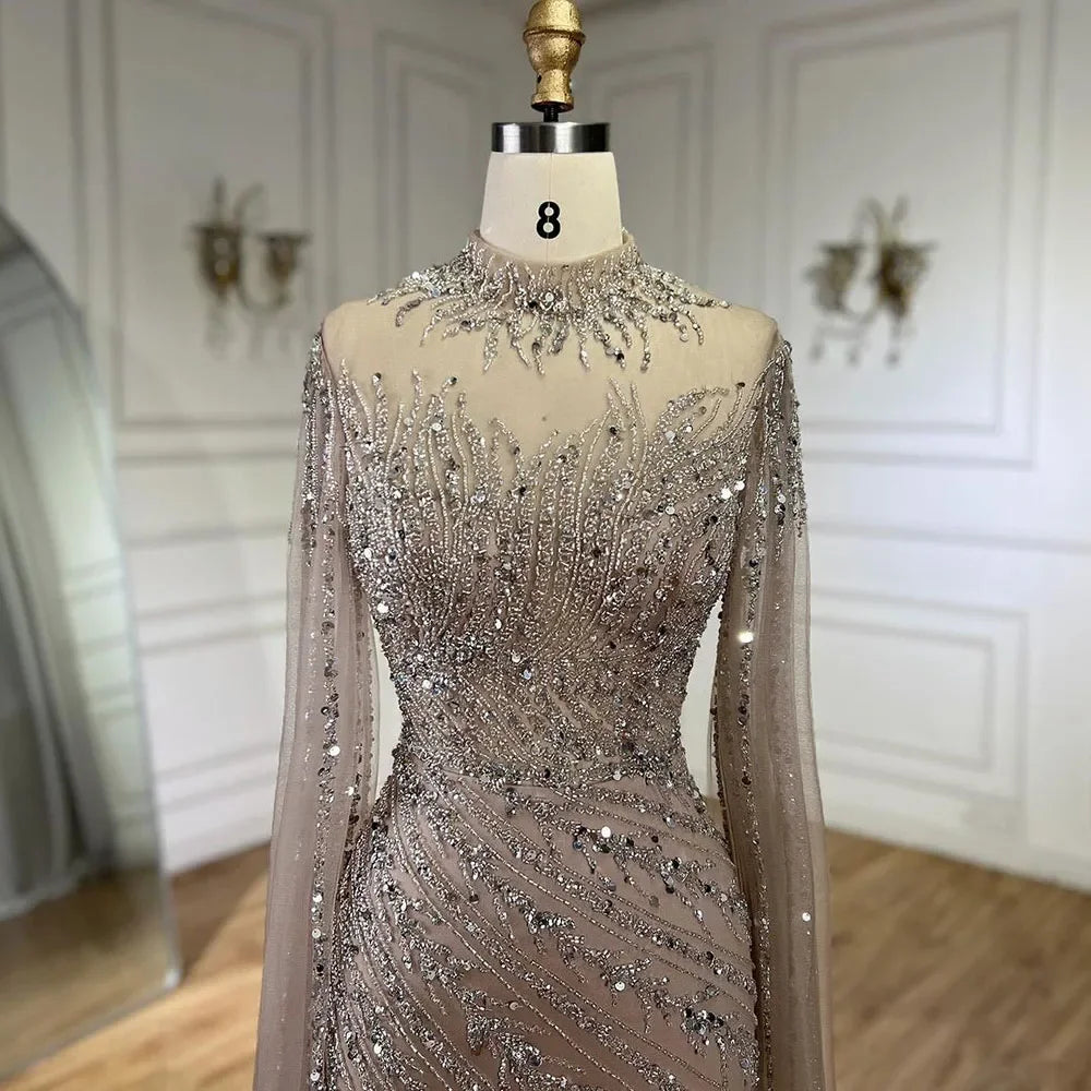 Luxury Nude Mermaid Evening Dress with Cape Sleeves LA71885A