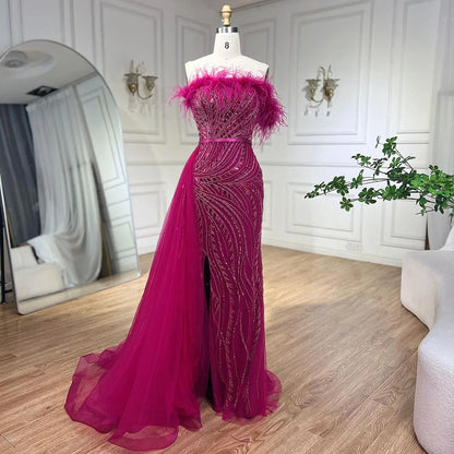 Luxury Nude Mermaid Evening Dress Overskirt Feather Beaded Split LA72311