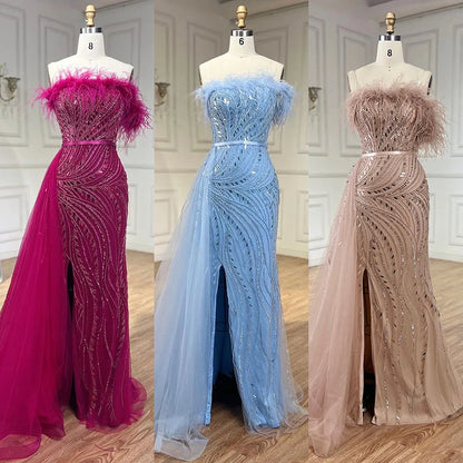Luxury Nude Mermaid Evening Dress Overskirt Feather Beaded Split LA72311