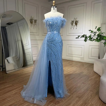 Luxury Nude Mermaid Evening Dress Overskirt Feather Beaded Split LA72311