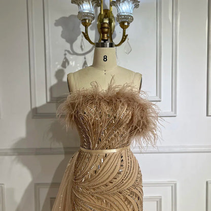 Luxury Nude Mermaid Evening Dress Overskirt Feather Beaded Split LA72311