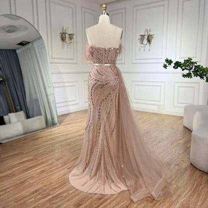 Luxury Nude Mermaid Evening Dress Overskirt Feather Beaded Split LA72311