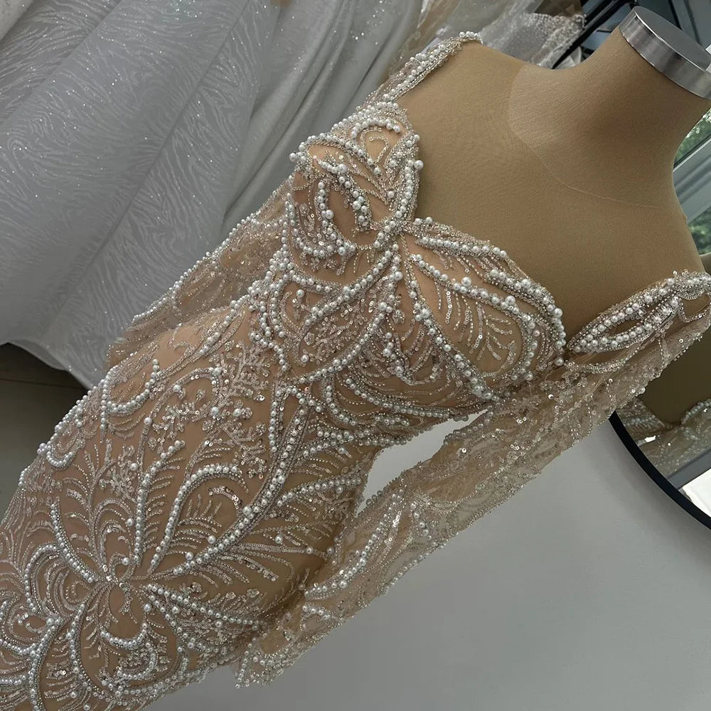 Luxury Dubai  Nude Mermaid Luxury Pearls Beaded Arabic Evening Gowns for Formal Occasion Dress LA72648