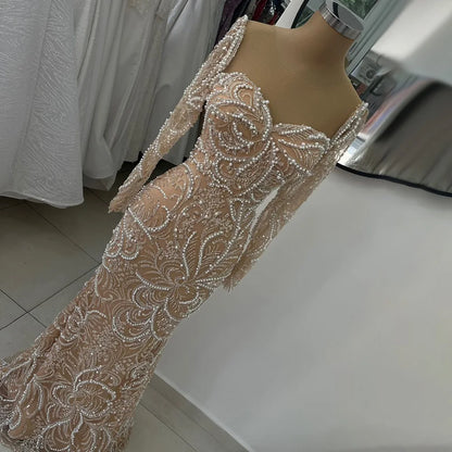 Luxury Dubai  Nude Mermaid Luxury Pearls Beaded Arabic Evening Gowns for Formal Occasion Dress LA72648