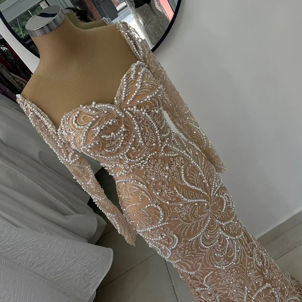 Luxury Dubai  Nude Mermaid Luxury Pearls Beaded Arabic Evening Gowns for Formal Occasion Dress LA72648