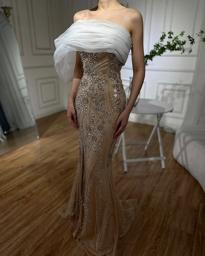 Luxury Dubai  Nude One Shoulder Split Saudi Arabic Evening Gown Beaded Dress for Formal Occasion LA72746