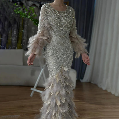 Luxury Dubai  Nude Saudi Arabic Evening Gown with Beaded Feathers Dress for Formal Occasion LA72736