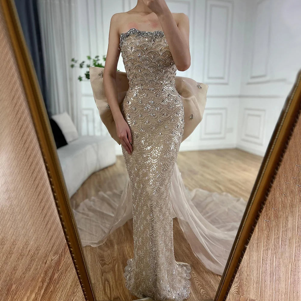 Luxury Dubai  Nude Saudi Arabic Evening Gown with Beaded Tassel Dress for Formal Occasion LA72730