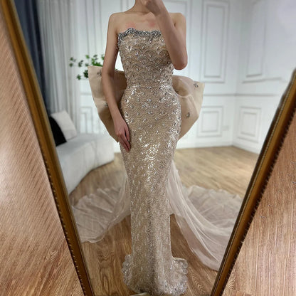 Luxury Dubai  Nude Saudi Arabic Evening Gown with Beaded Tassel Dress for Formal Occasion LA72730