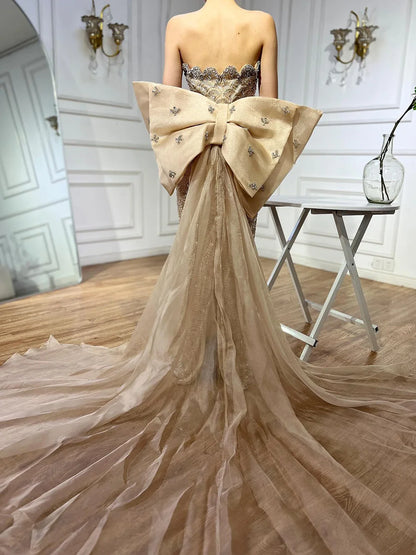Luxury Dubai  Nude Saudi Arabic Evening Gown with Beaded Tassel Dress for Formal Occasion LA72730