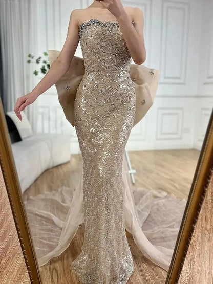 Luxury Dubai  Nude Saudi Arabic Evening Gown with Beaded Tassel Dress for Formal Occasion LA72730