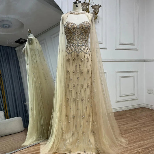 Luxury Dubai  Nude Saudi Evening Gown Mermaid Detachable Cape Sleeves Luxury Beaded Dress for Formal Occasion LA72716