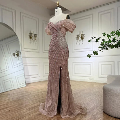 Serene Hill  Off The Shoulder Pink Mermaid Beaded Luxury Evening Dress with Side Split for Formal Occasion Saudi LA72481