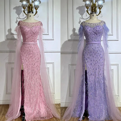Serene Hill  Pink Cape Sleeves Dubai Evening Gown Mermaid with Side Skirt Feathers Beaded Dress for Women's Party LA72701