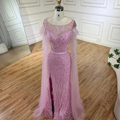 Serene Hill  Pink Cape Sleeves Dubai Evening Gown Mermaid with Side Skirt Feathers Beaded Dress for Women's Party LA72701