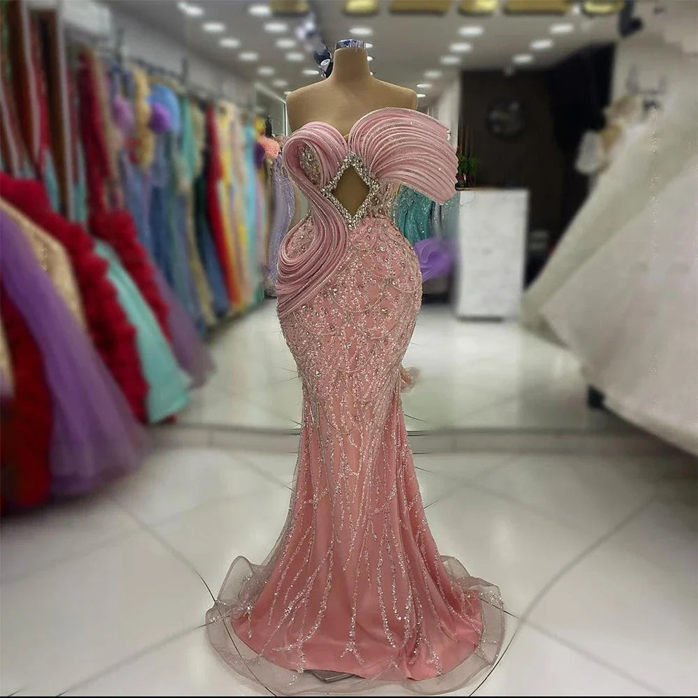 Pink One-Shoulder Luxury Beaded Cut Out Mermaid Evening Dress LA72455
