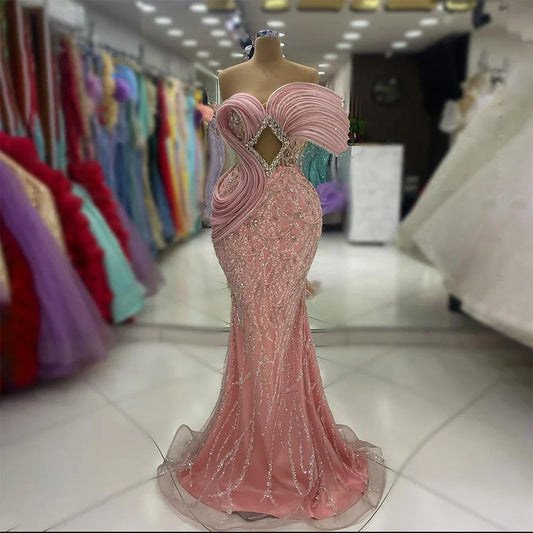 Pink One-Shoulder Luxury Beaded Cut Out Mermaid Evening Dress LA72455