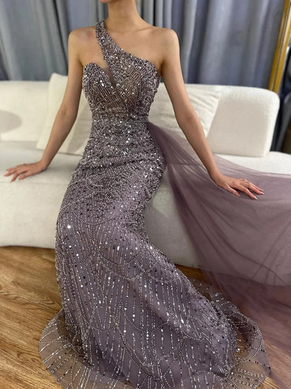 Luxury Dubai  Purple One Shoulder Saudi Arabic Evening Gown with Beaded Side Overskirt Dress for Formal Occasion LA72735