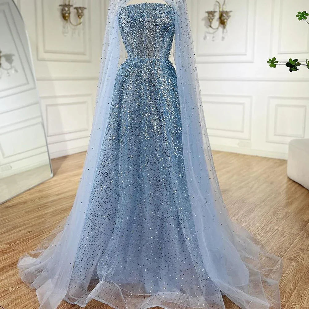 Luxury Dubai  Saudi Arabic Turquoise Evening Gown with Beaded Dress and Elegant Hooded Cape for Formal Occasion LA72659A