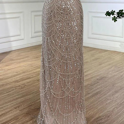Luxury Dubai Blue Mermaid Cape Sleeve Beaded Evening Gown LA72160A