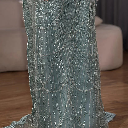 Luxury Dubai Blue Mermaid Cape Sleeve Beaded Evening Gown LA72160A