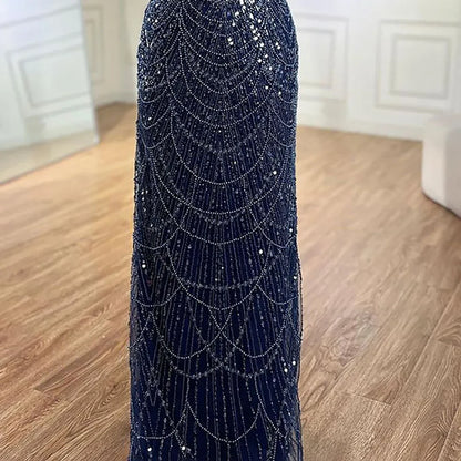 Luxury Dubai Blue Mermaid Cape Sleeve Beaded Evening Gown LA72160A
