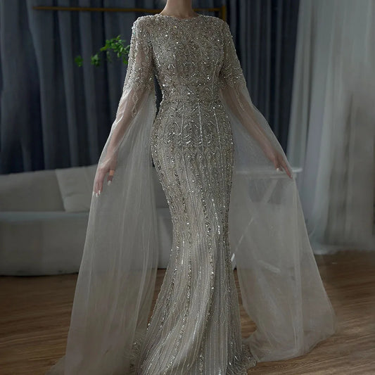 Dubai Caramel Elegant Cape Sleeve Luxury Beaded Evening Gown LA72775