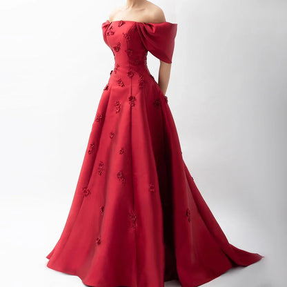Luxury Dubai  Saudi Arabia Elegant Off-Shoulder Wine Red A Line Evening Dress with Appliques Gown for Formal Occasion LA72778