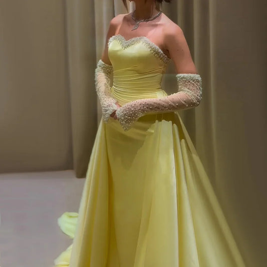 Elegant Yellow Mermaid Beaded Evening Gown with Detachable Sleeves LA72777