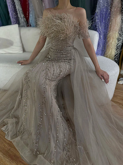 Luxury Dubai  Saudi Arabic Beaded Caramel Mermaid Elegant Evening Dresses Gowns with Overskirt for Formal Occasion LA71634A