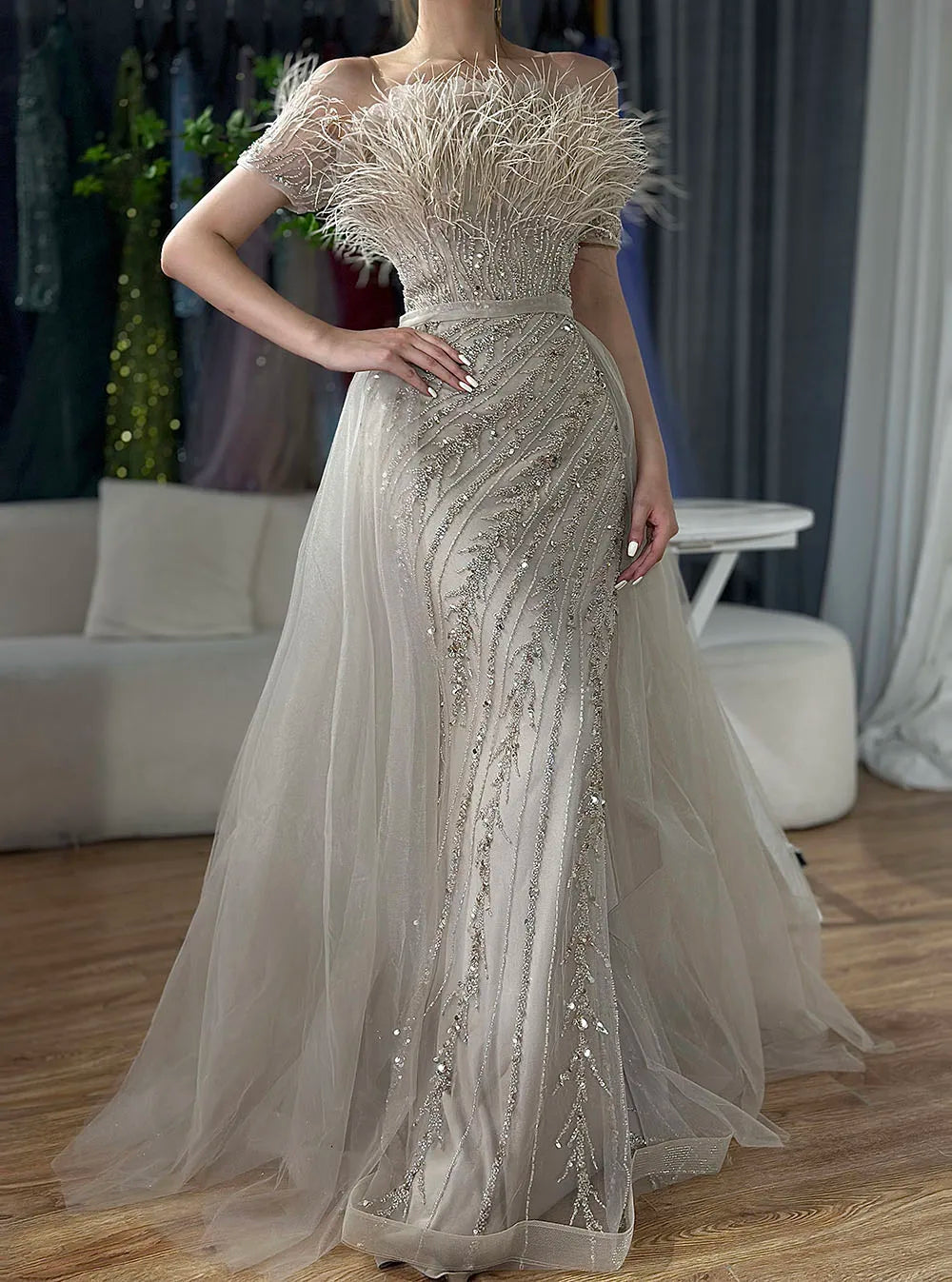 Luxury Dubai  Saudi Arabic Beaded Caramel Mermaid Elegant Evening Dresses Gowns with Overskirt for Formal Occasion LA71634A