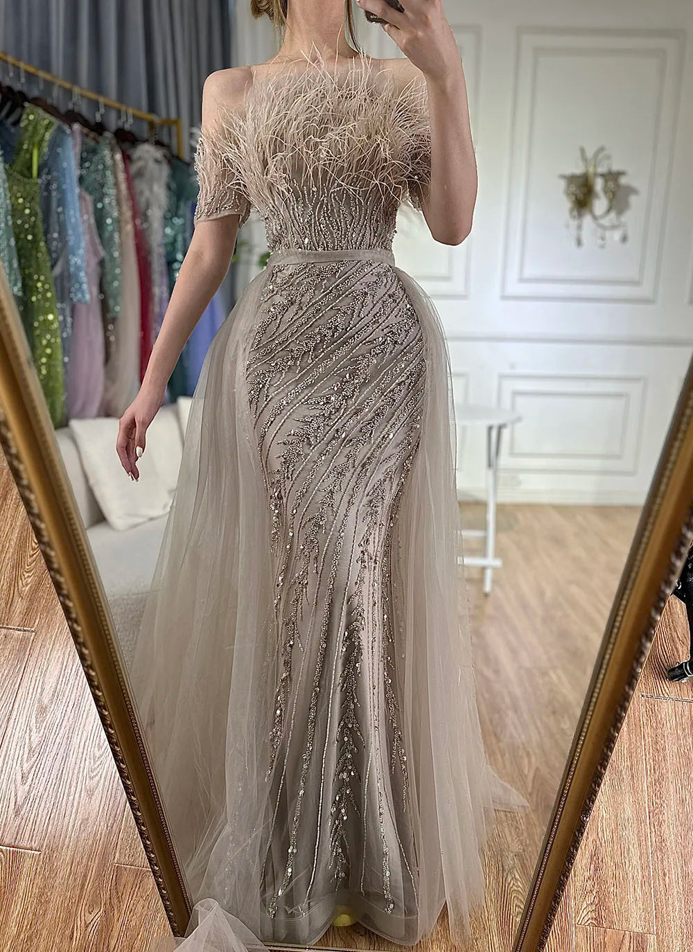 Luxury Dubai  Saudi Arabic Beaded Caramel Mermaid Elegant Evening Dresses Gowns with Overskirt for Formal Occasion LA71634A